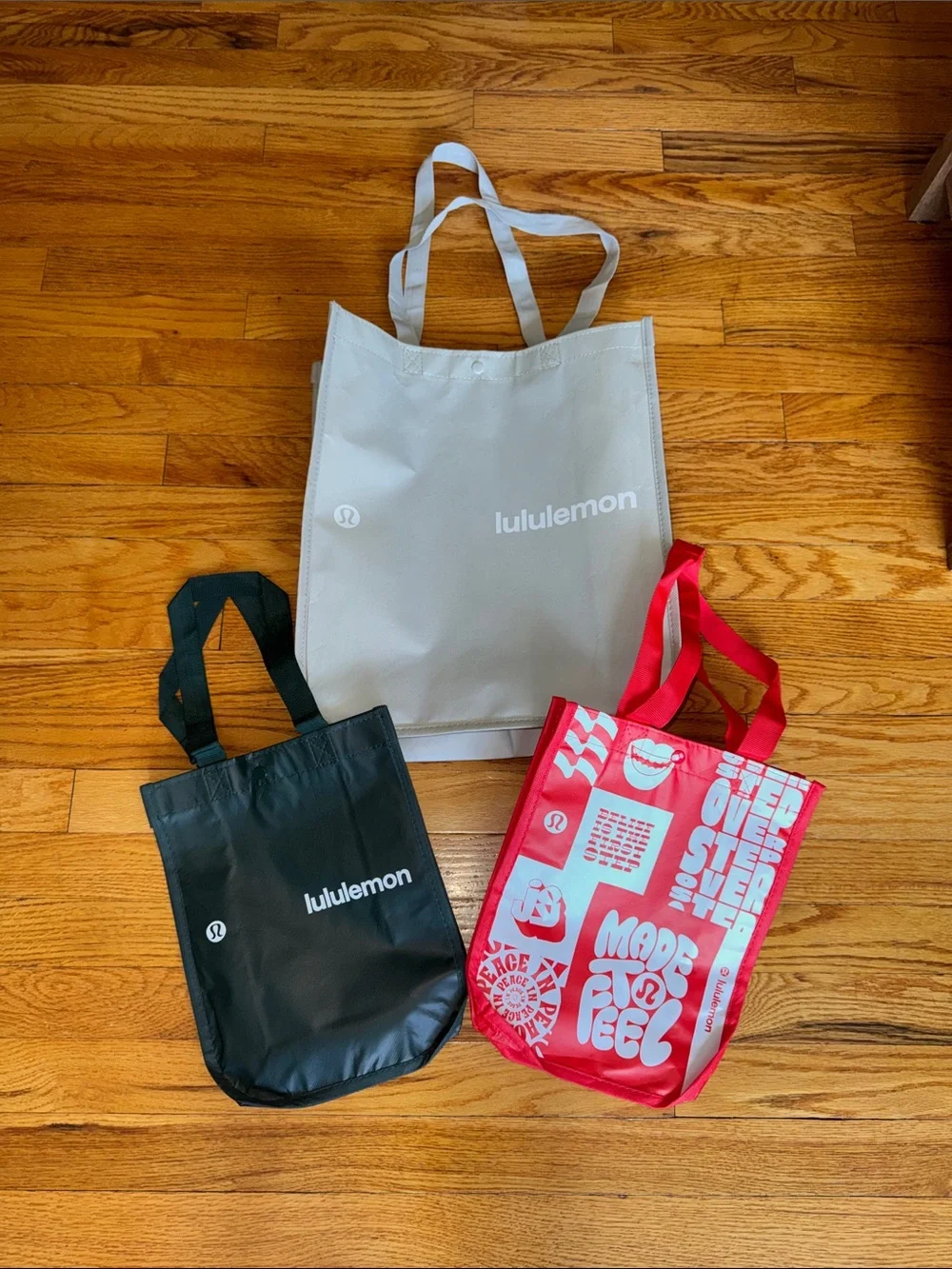 Set of 3 Lululemon Shopping Bags Grey Green Red Set of 3 Lululemon Shopping Bags Grey Green Red